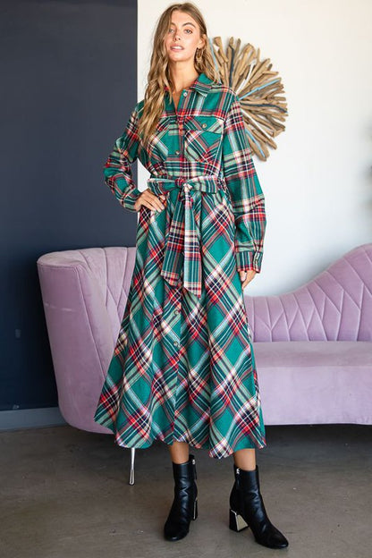 PLAID PRINT COLLAR LONG SHIRT DRESS