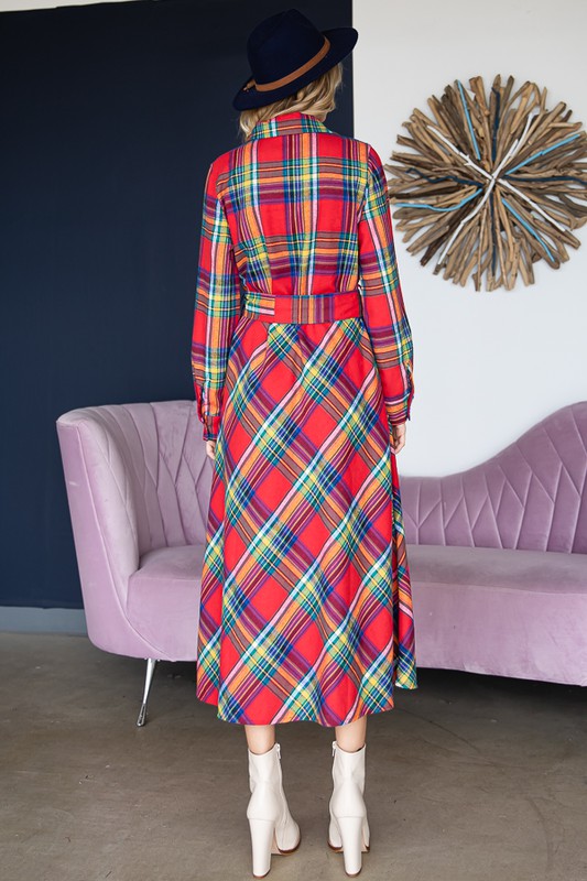 PLAID PRINT COLLAR LONG SHIRT DRESS