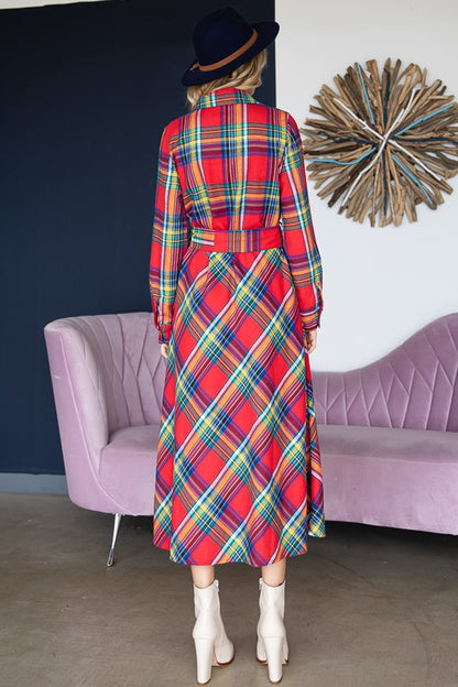 PLAID PRINT COLLAR LONG SHIRT DRESS