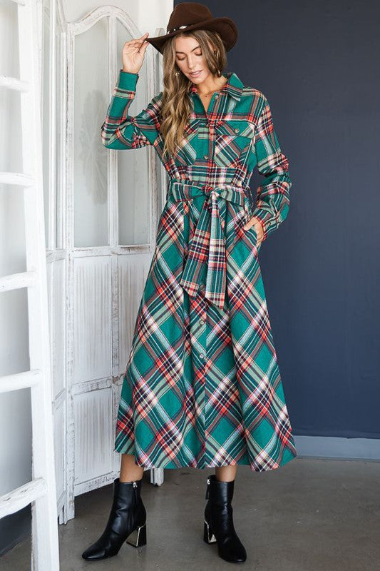 PLAID PRINT COLLAR LONG SHIRT DRESS