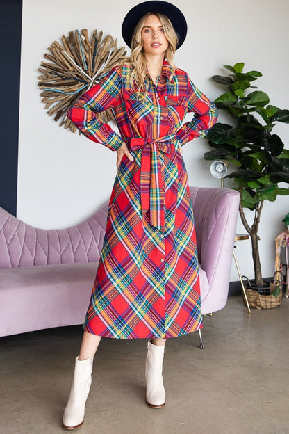 PLAID PRINT COLLAR LONG SHIRT DRESS