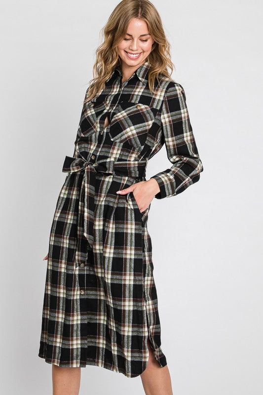 PLAID BELTED LONG SHIRT DRESS