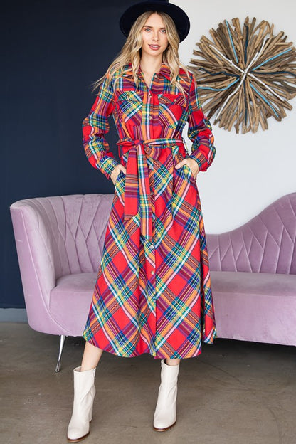 PLAID BELTED LONG SHIRT DRESS