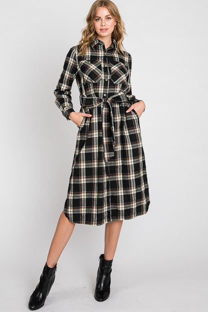 PLAID BELTED LONG SHIRT DRESS