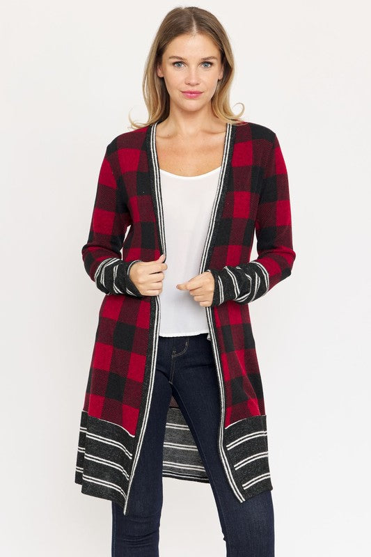 Long Buffalo Plaid Stripe Trim Open Cardigan