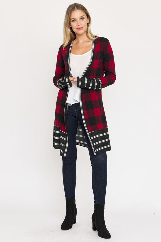 Long Buffalo Plaid Stripe Trim Open Cardigan