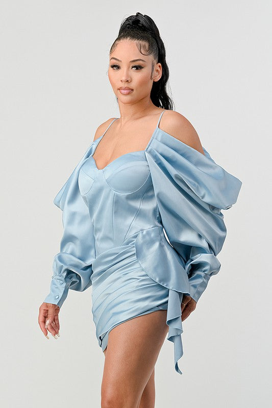 Athina Elegant Puff Shoulder Satin Mini Dress