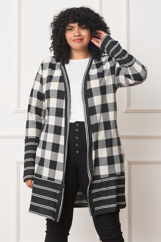 Long Buffalo Plaid Stripe Trim Open Cardigan