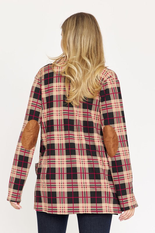 Plaid Contrast Elbow Patch Cardigan