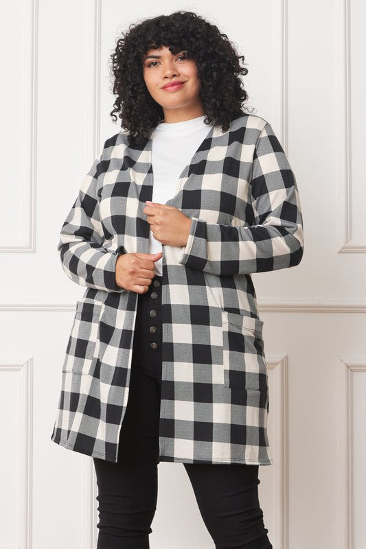 Long Buffalo Plaid Open Cardigan