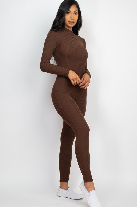 Ribbed Mock Neck Long Sleeve Casual Jumpsuit