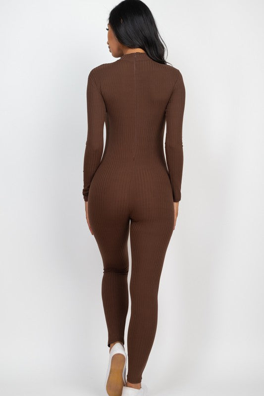 Ribbed Mock Neck Long Sleeve Casual Jumpsuit