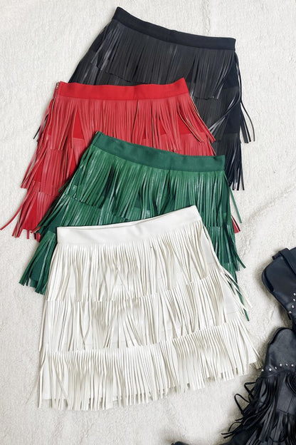 FAUX LEATHER FRINGE MINI SKIRT