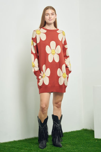 HAPPY FACE FLORAL PRINT KNIT SWETAER