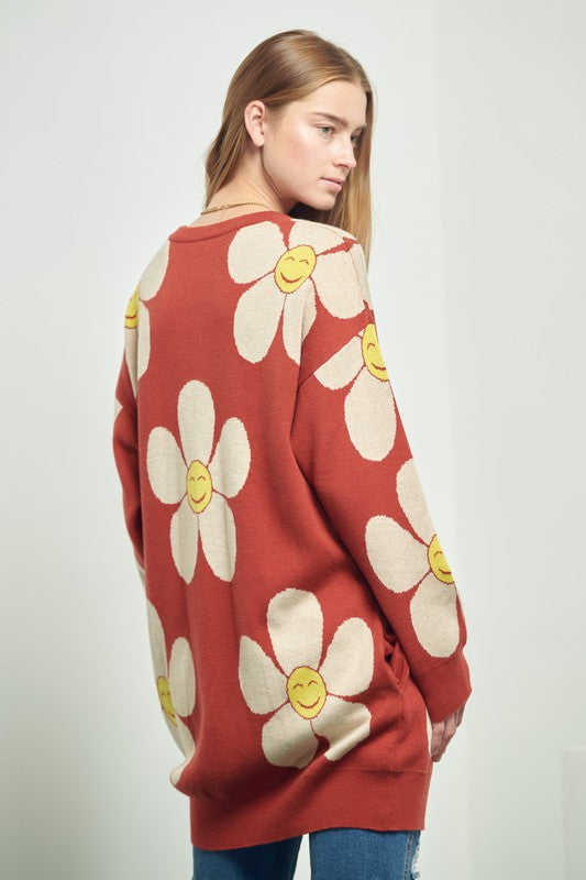 HAPPY FACE FLORAL PRINT KNIT SWETAER