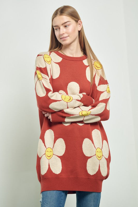 HAPPY FACE FLORAL PRINT KNIT SWETAER