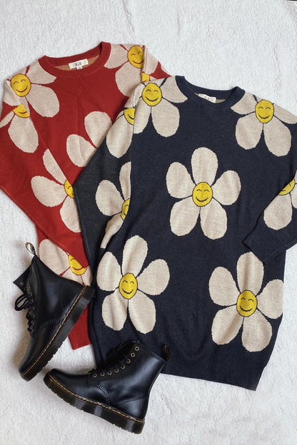 HAPPY FACE FLORAL PRINT KNIT SWETAER