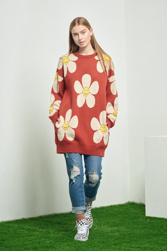 HAPPY FACE FLORAL PRINT KNIT SWETAER