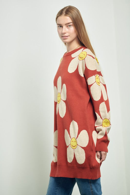 HAPPY FACE FLORAL PRINT KNIT SWETAER