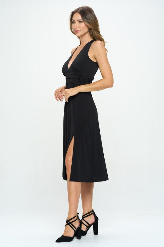 Solid Deep V Neck Lined Dress with Slit