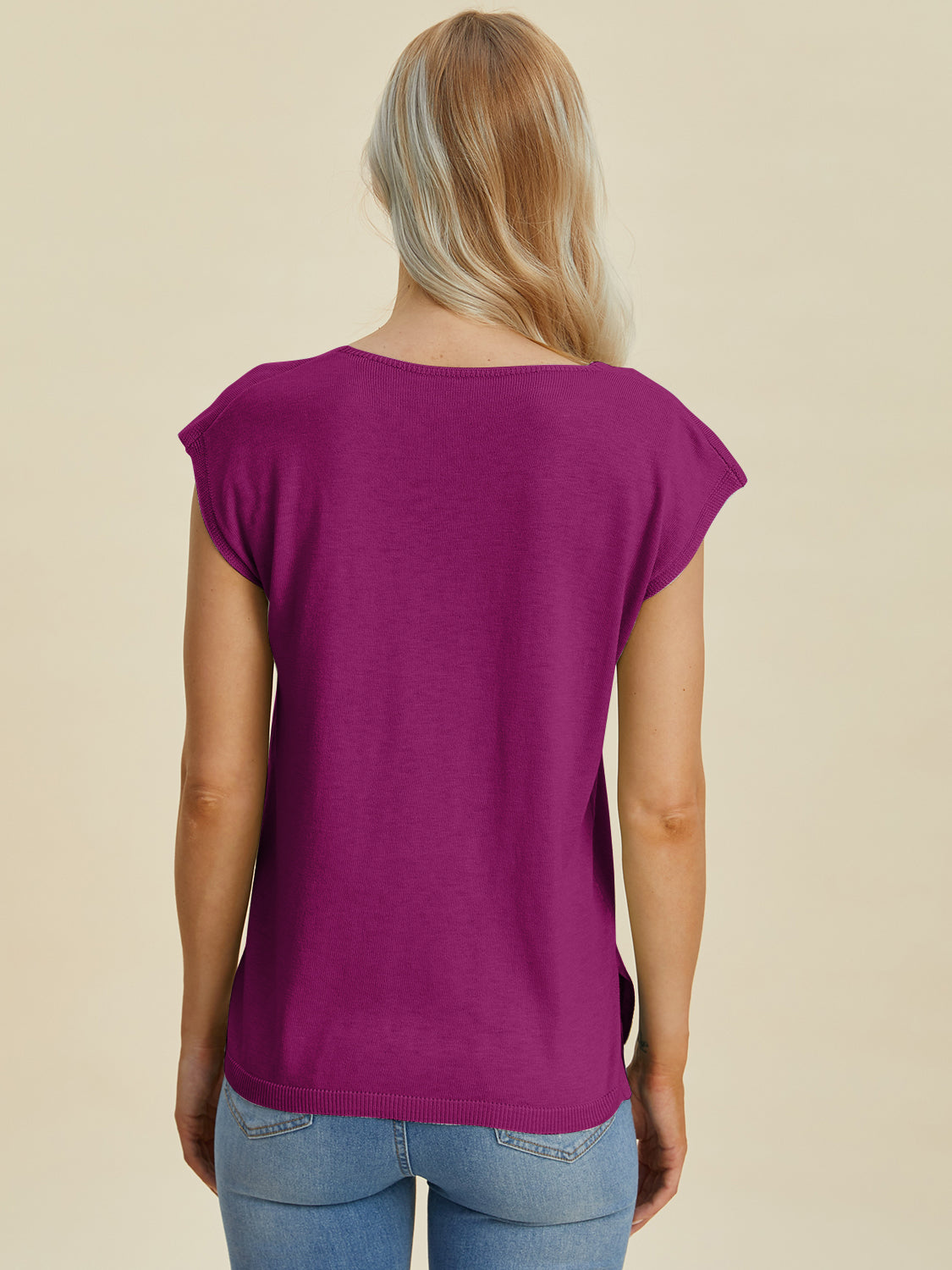 Double Take Full Size Notched Cap Sleeve Knit Top