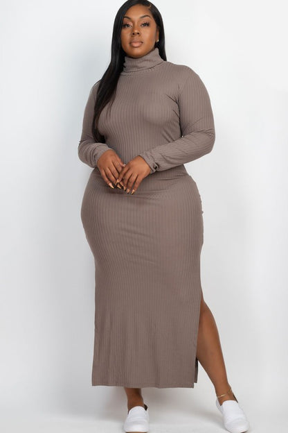 Plus Size Curvy Long Sleeve Side Slit Long Dress