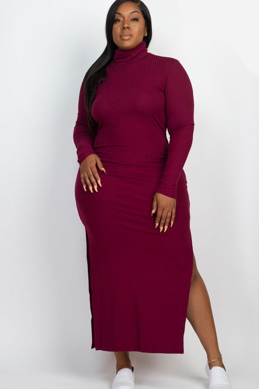 Plus Size Curvy Long Sleeve Side Slit Long Dress