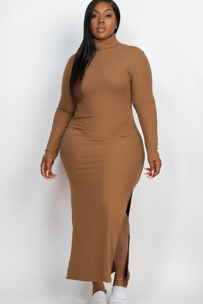 Plus Size Curvy Long Sleeve Side Slit Long Dress