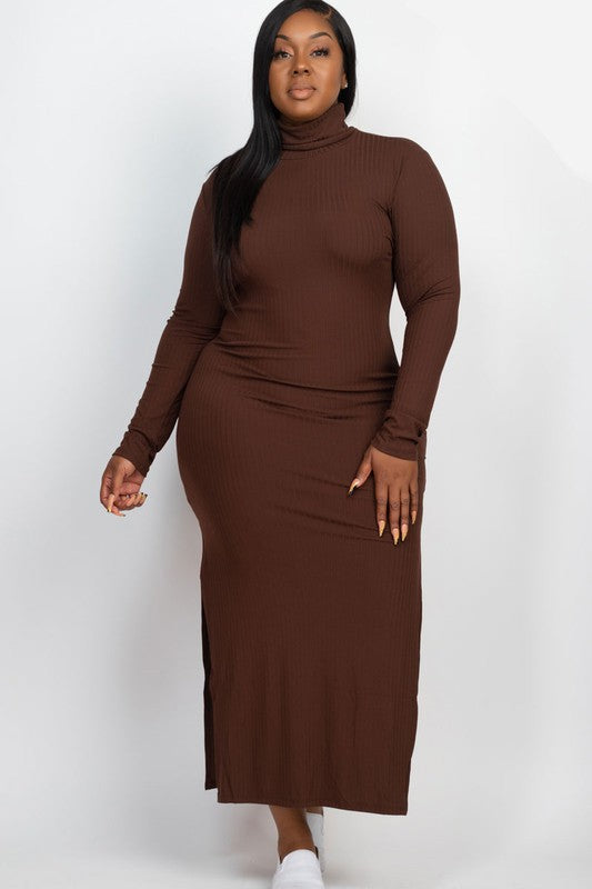 Plus Size Curvy Long Sleeve Side Slit Long Dress