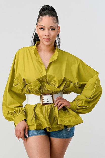 ATHINA PLEATED RUFFLE WASIT BELT LONG  BLOUSE