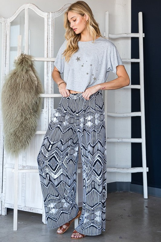 RETRO VINTAGE PRINT WIDE PANTS WITH POCEKTS