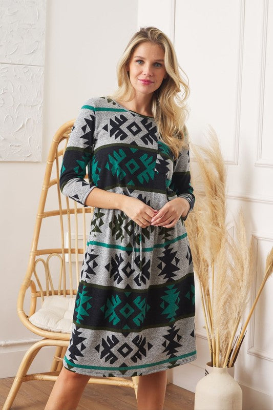 Tribal Drawstring Blouson Midi Dress