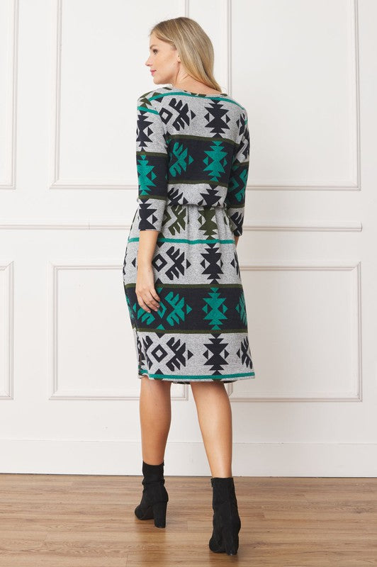 Tribal Drawstring Blouson Midi Dress