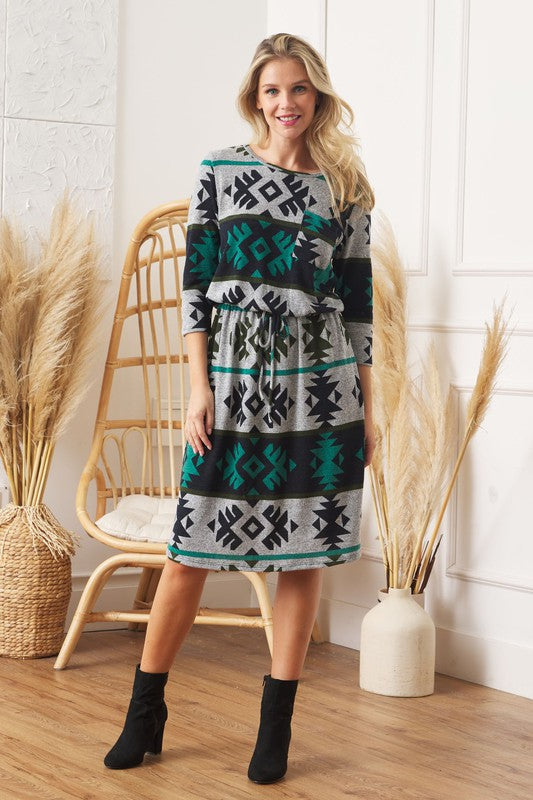 Tribal Drawstring Blouson Midi Dress