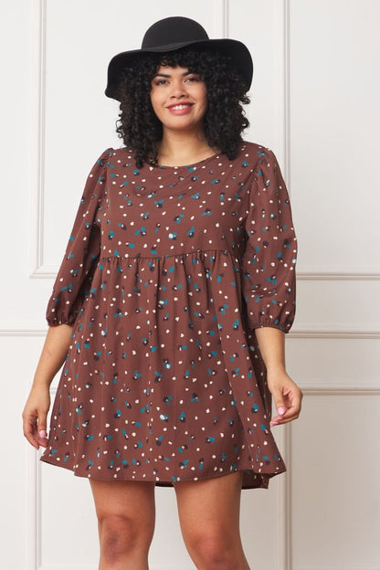 Plus Abstract Polka Dot Bishop Sleeve Mini Dress