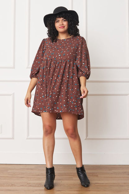 Plus Abstract Polka Dot Bishop Sleeve Mini Dress