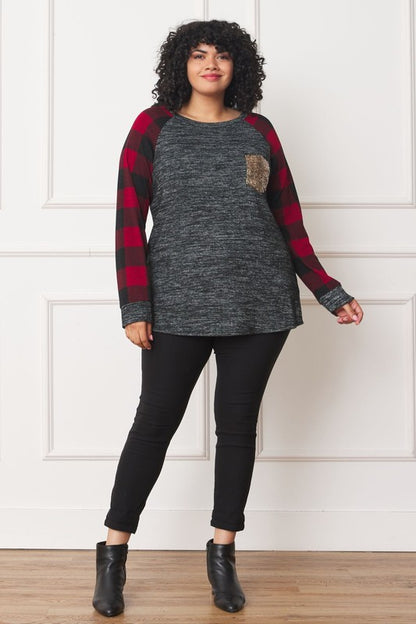 Plus Checker Sleeve Sequin Pocket Tunic