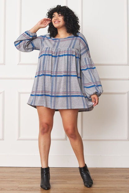 Plus Plaid Empire Waist Balloon Sleeve Mini Dress