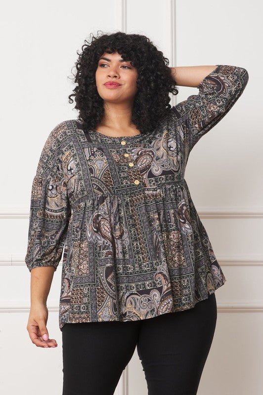 Plus Button Accent Paisley Top