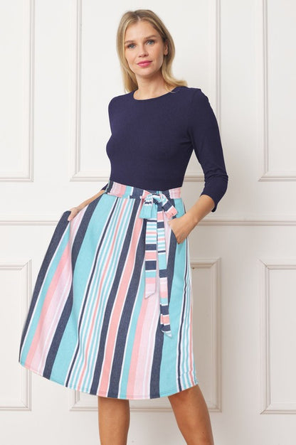 Quarter Sleeve Stripe Sash Midi Dress