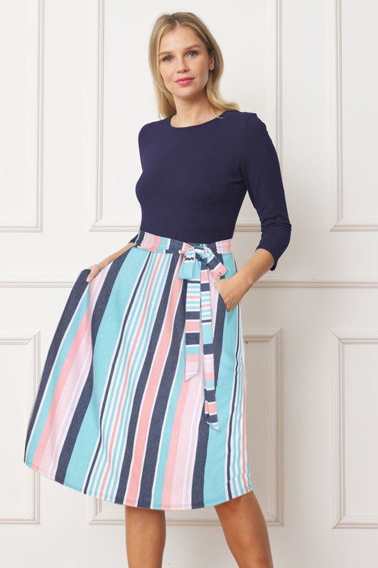 Plus Quarter Sleeve Stripe Sash Midi Dress