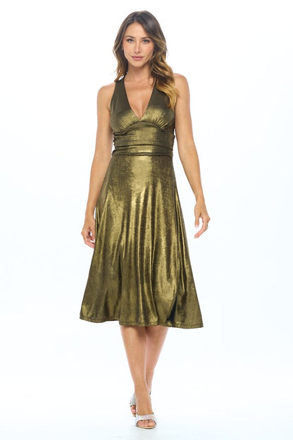 Metallic Solid Deep V Neck Lined Dress with Slit