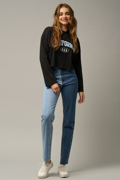 High Waist Two Tone Raw Hem Straight Jeans