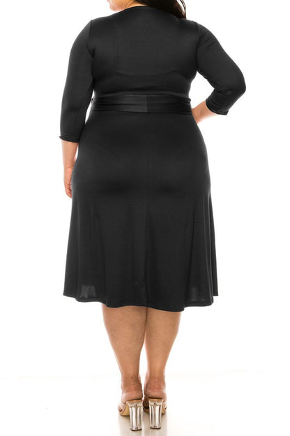 Plus size, solid faux wrap dress