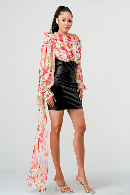 ATHINA FLORAL LEATHER MINI DRESS