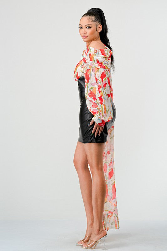 ATHINA FLORAL LEATHER MINI DRESS