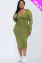 Plus Size Split Neck Long Sleeve Midi Dress