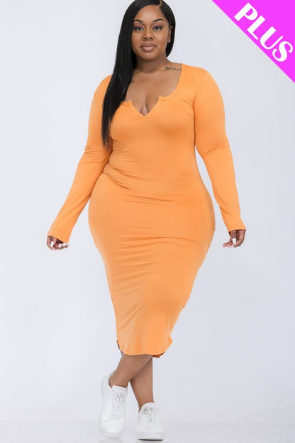 Plus Size Split Neck Long Sleeve Midi Dress