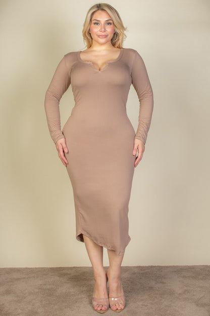 Plus Size Split Neck Long Sleeve Midi Dress