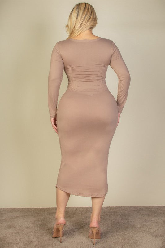 Plus Size Split Neck Long Sleeve Midi Dress